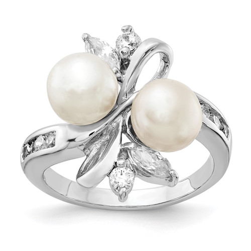 Cheryl M Sterling Silver Rhodium-Plated Cultured Freshwater Pearl and Brilliant-Cut Cubic Zirconia Leaves Ring, 3 mm