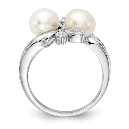 Cheryl M Sterling Silver Rhodium-Plated Cultured Freshwater Pearl and Brilliant-Cut Cubic Zirconia Leaves Ring, 3 mm - View 2