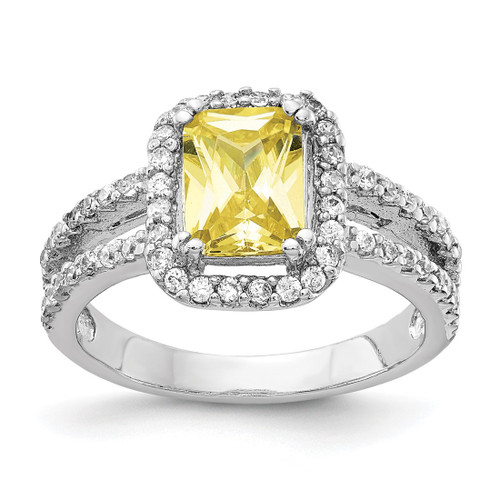 Cheryl M Sterling Silver Rhodium-Plated Fancy Yellow Elongated Cushion-Cut and White Brilliant-Cut Cubic Zirconia Halo Ring