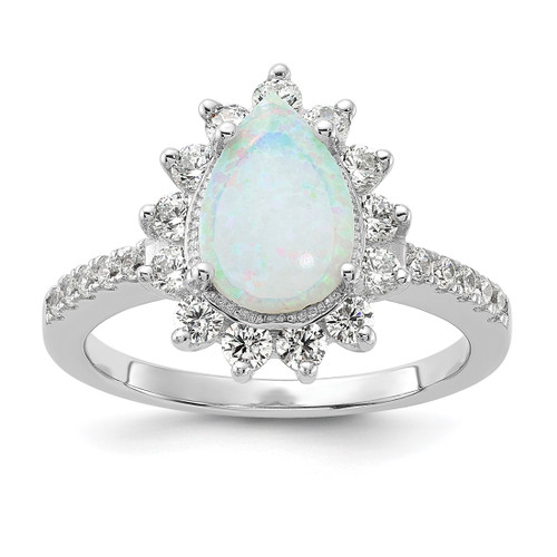Cheryl M Sterling Silver Rhodium-Plated Cabochon Lab-Created Opal and Brilliant-Cut Cubic Zirconia Teardrop Halo Ring