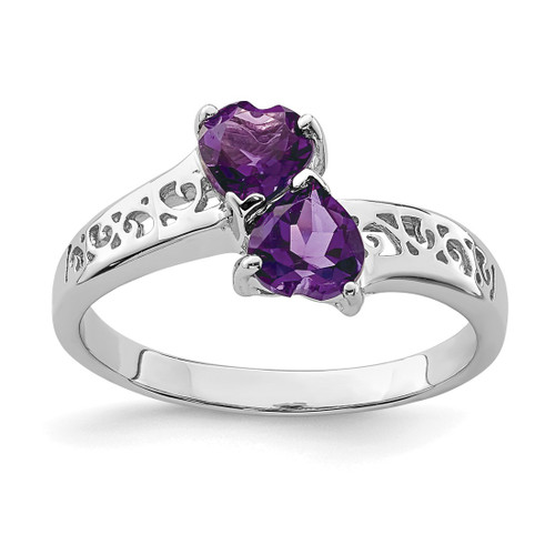 Sterling Silver Rhodium Amethyst Heart Ring, 2 mm