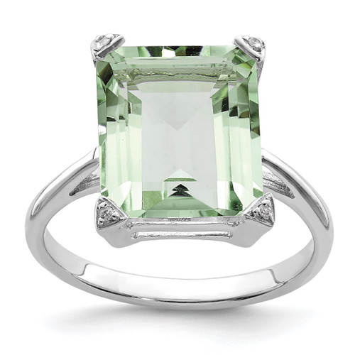 Sterling Silver Rhodium Green Quartz 0.01ct Diamond Ring, 2 mm, 13.5 mm Top Length, 11.5 mm Top Width