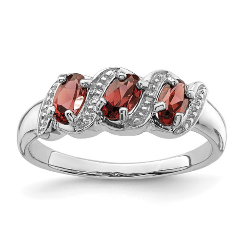 Sterling Silver Rhodium-Plated 3 Stone Garnet & 0.01ct Diamond Ring, 2 mm - QDX589