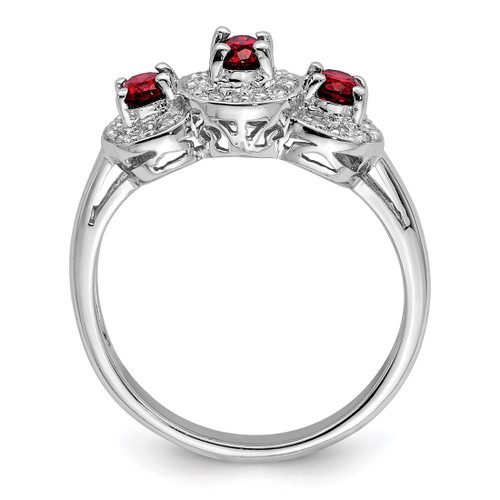 Sterling Silver Rhodium-Plated 3 Stone Garnet & 0.078ct Diamond Ring, 2 mm - View 2