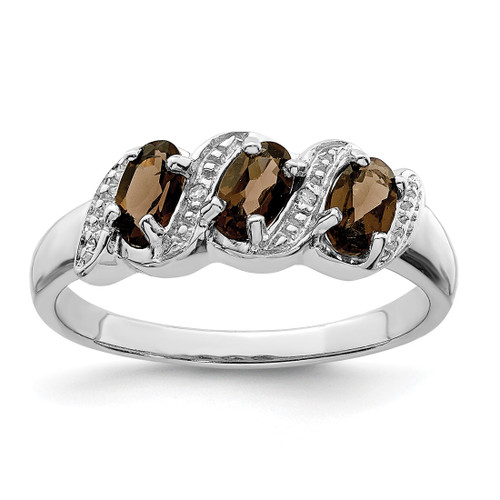 Sterling Silver Rhodium 3 Stone Smoky Quartz & 0.01ct Diamond Ring, 2 mm