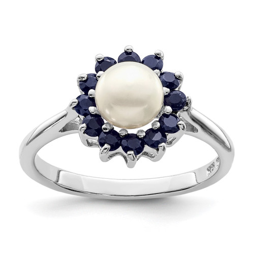 Sterling Silver Rhodium-Plated 6 mm Button Cultured Freshwater Pearl & Sapphire Ring