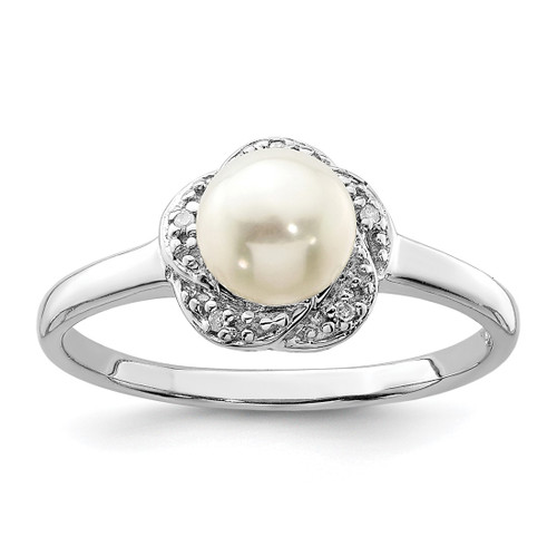 Sterling Silver Rhodium-Plated 6 mm Button Cultured Freshwater Pearl & 0.02ct Diamond Ring