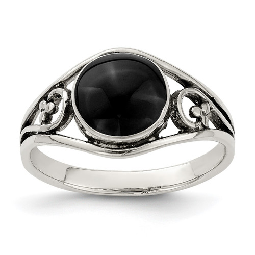 Sterling Silver Antiqued Black Agate Ring, 2 mm