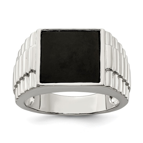 Sterling Silver Rhodium-Plated Men'S Onyx Ring, 4.5 mm, 12.8 mm Top Length, 12.8 mm Top Width, Ripple