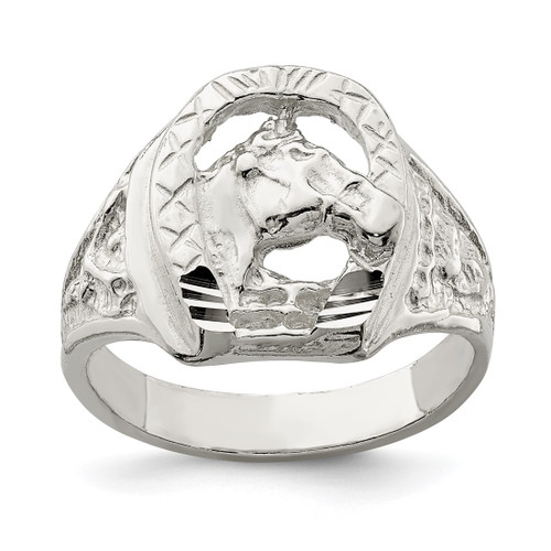 Sterling Silver Horseshoe with Horse Head Ring, 2.75 mm, 15 mm Top Length, 14.7 mm Top Width