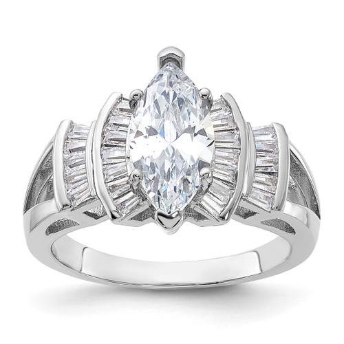 Sterling Silver Rhodium-Plated Marquise Shape Center Cubic Zirconia Ring, 3 mm