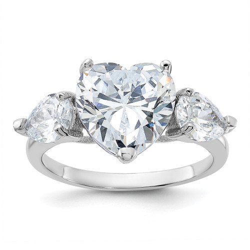 Sterling Silver Rhodium-Plated Heart Shape Center Cubic Zirconia 3-Stone Ring, 3 mm