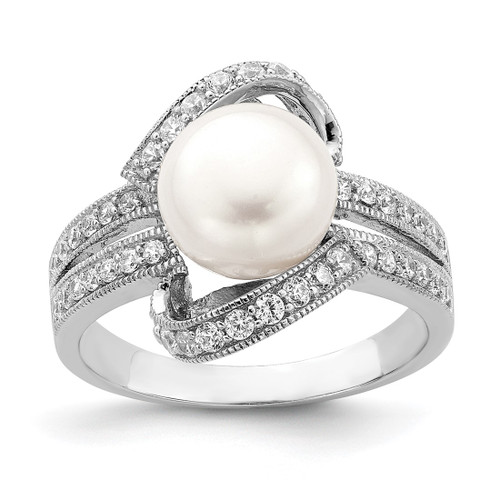 Sterling Silver Rhodium-Plated Simulated Pearl and Cubic Zirconia Ring, 3 mm