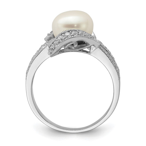 Sterling Silver Rhodium-Plated Simulated Pearl and Cubic Zirconia Ring, 3 mm - View 2