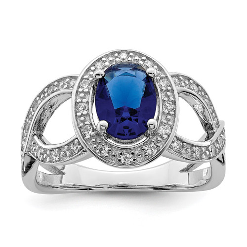 Sterling Silver Rhodium-Plated Dark Blue Glass and Cubic Zirconia Ring, 3 mm