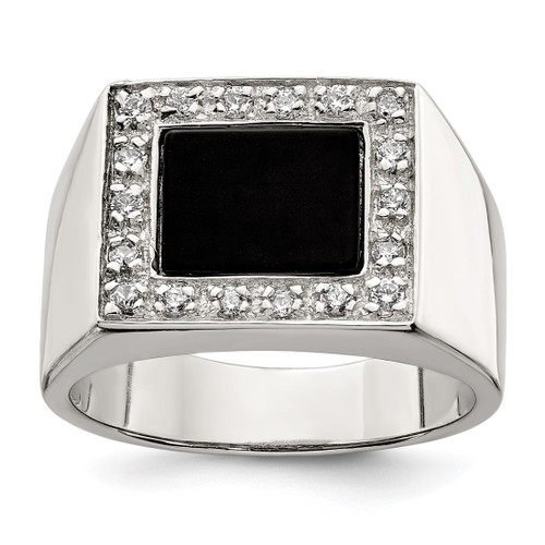 Sterling Silver Rhodium-Plated Men'S Cubic Zirconia & Onyx Ring, 5.2 mm