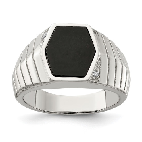 Sterling Silver Rhodium-Plated Men'S Cubic Zirconia & Onyx Ring, 4.2 mm