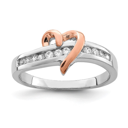 Sterling Silver Rhodium-Plated Vermeil Polished Heart Cubic Zirconia Ring, 2 mm
