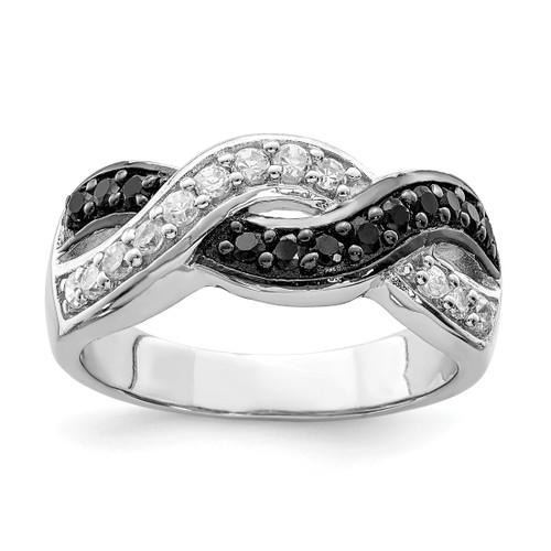 Sterling Silver Rhodium-Plated Black and Clear Cubic Zirconia Wavy Ring, 8 mm