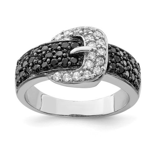 Sterling Silver Rhodium-Plated Black and Clear Cubic Zirconia Buckle Ring, 6 mm