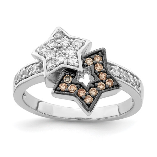 Sterling Silver Rhodium-Plated Clear & Champagne Cubic Zirconia Stars Ring, 3 mm