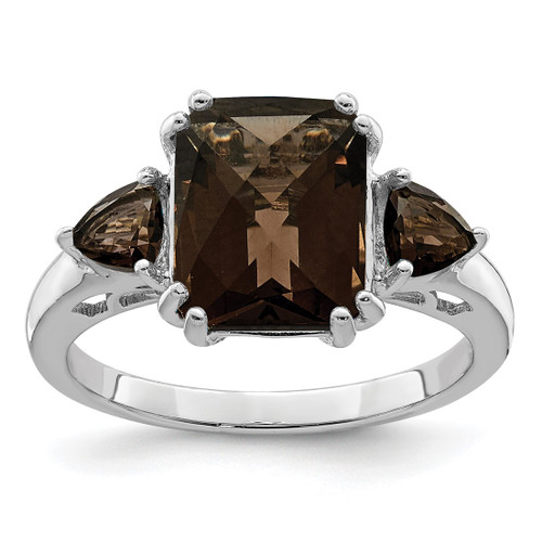 Sterling Silver Rhodium-Plated Checker-Cut Smoky Quartz Ring, 2 mm - QR2916SQ