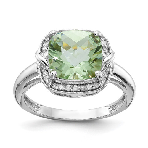Sterling Silver Rhodium-Plated 0.1ct Diamond & Checker-Cut Green Quartz Ring, 2 mm