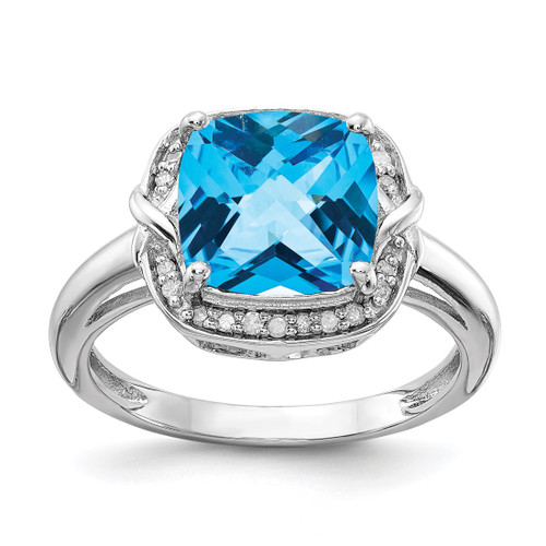 Sterling Silver Rhodium-Plated 0.1ct Diamond & Checker-Cut Blue Topaz Ring, 2 mm