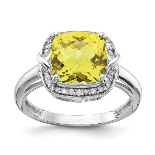 Sterling Silver Rhodium-Plated 0.1ct Diamond & Checker-Cut Lemon Quartz Ring, 2 mm