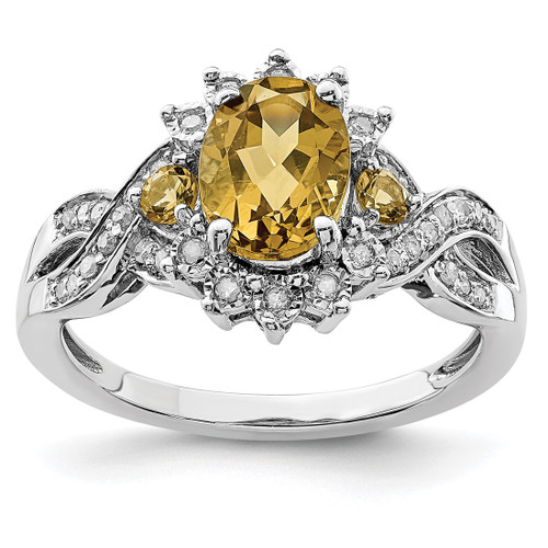 Sterling Silver Rhodium-Plated 0.15ct Diamond & Whiskey Quartz Ring, 2 mm