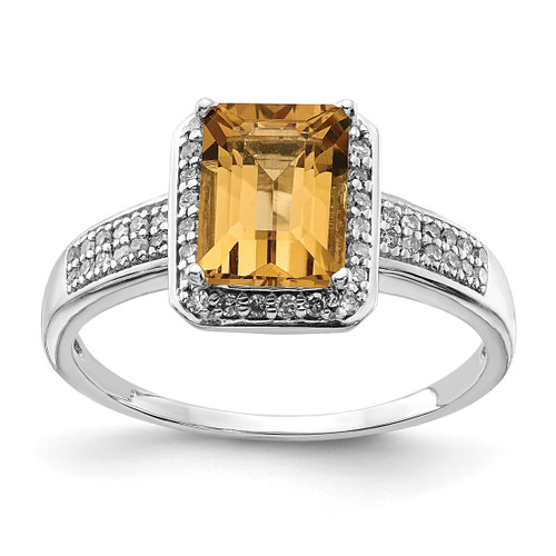 Sterling Silver Rhodium-Plated 0.192ct Diamond & Whiskey Quartz Ring, 2 mm