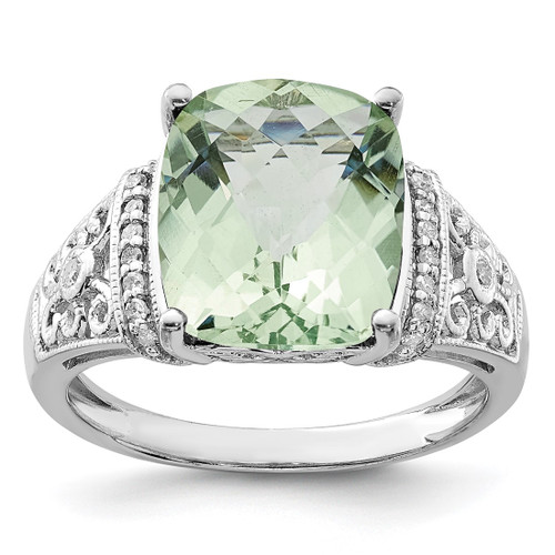 Sterling Silver Rhodium-Plated 0.106ct Diamond & Checker-Cut Green Quartz Ring, 2 mm