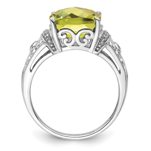 Sterling Silver Rhodium-Plated 0.106ct Diamond & Checker-Cut Lemon Quartz Ring, 2 mm - View 2