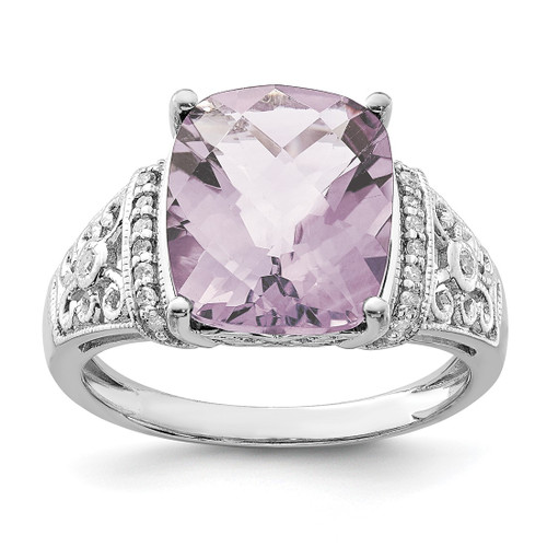 Sterling Silver Rhodium-Plated 0.106ct Diamond & Checker-Cut Pink Quartz Ring, 2 mm