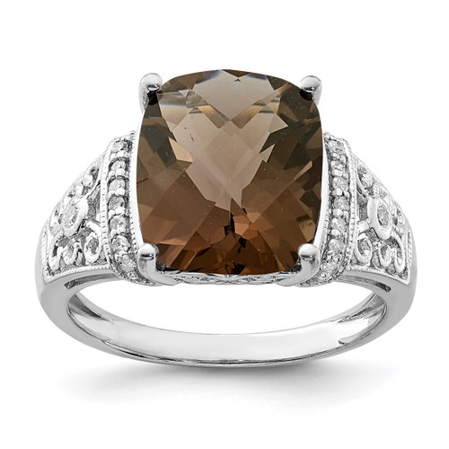 Sterling Silver Rhodium-Plated 0.106ct Diamond & Checker-Cut Smoky Quartz Ring, 2 mm