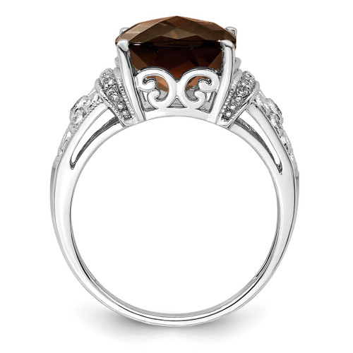 Sterling Silver Rhodium-Plated 0.106ct Diamond & Checker-Cut Smoky Quartz Ring, 2 mm - View 2