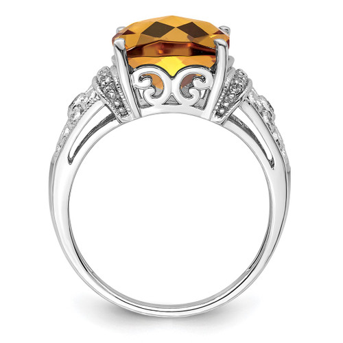 Sterling Silver Rhodium-Plated 0.106ct Diamond & Checker-Cut Whiskey Quartz Ring, 2 mm - View 2