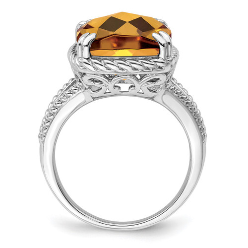 Sterling Silver Rhodium-Plated Checker-Cut Whiskey Quartz Ring, 2 mm - QR3194WQ - View 2