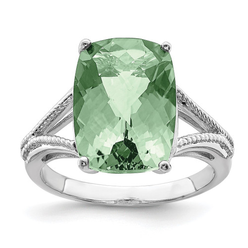 Sterling Silver Rhodium-Plated Checker-Cut Green Quartz Ring, 2 mm