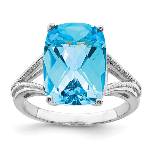 Sterling Silver Rhodium-Plated Checker-Cut Blue Topaz Ring, 2 mm