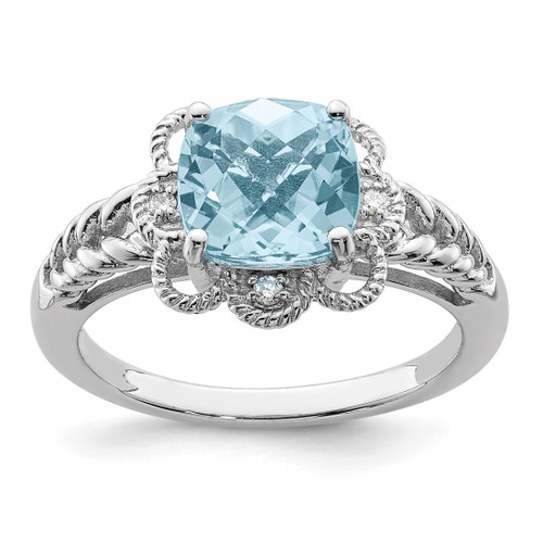 Sterling Silver Rhodium-Plated Checker-Cut Sky Blue Topaz & 0.04ct Diamond. Ring, 2 mm