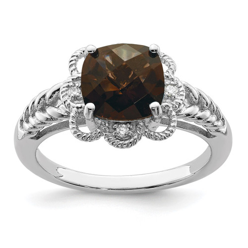 Sterling Silver Rhodium-Plated Checker-Cut Smoky Quartz & 0.04ct Diamond. Ring, 2 mm
