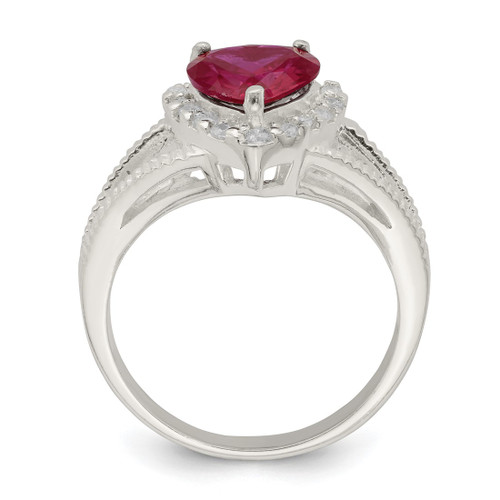 Sterling Silver Red Cubic Zirconia Heart Ring, 3 mm, 11.75 mm Top Length, 10.75 mm Top Width, Textured - View 2