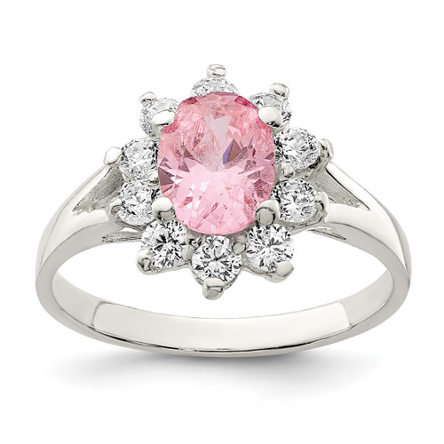 Sterling Silver Pink Oval Cubic Zirconia Cluster Ring, 2 mm