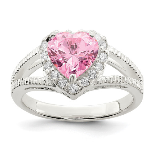 Sterling Silver Pink Cubic Zirconia Heart Ring, 2 mm, 12.25 mm Top Length, 12 mm Top Width, Textured