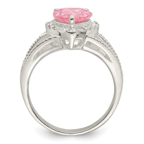 Sterling Silver Pink Cubic Zirconia Heart Ring, 2 mm, 12.25 mm Top Length, 12 mm Top Width, Textured - View 2