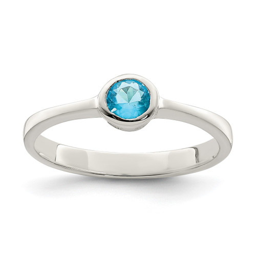 Sterling Silver Light Blue Round Bezel Cubic Zirconia Ring, 3 mm