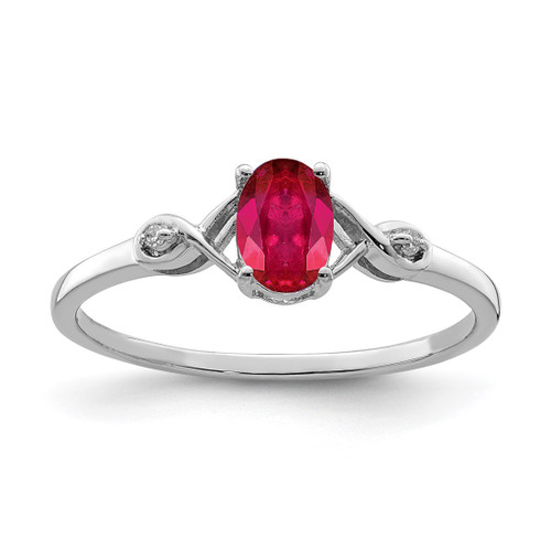 Sterling Silver Rhodium-Plated 0.01ct Diamond and Oval Ruby Ring, 2 mm