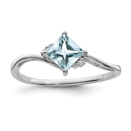Sterling Silver Rhodium-Plated 0.02ct Diamond & Aquamarine Square Ring, 2 mm