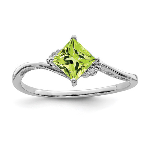 Sterling Silver Rhodium-Plated 0.02ct Diamond & Peridot Square Ring, 2 mm